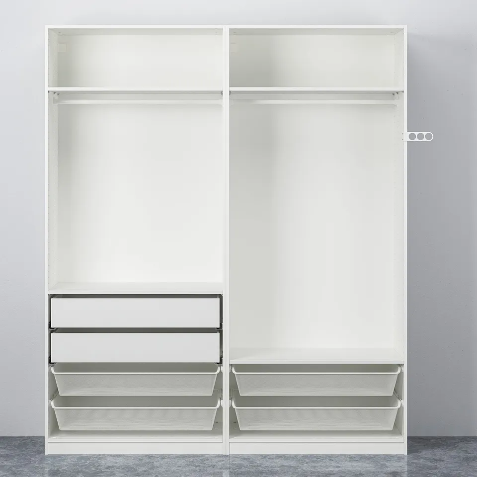 A white PAX wardrobe with adjustable shelves and mesh drawers, designed for versatile and organised storage.