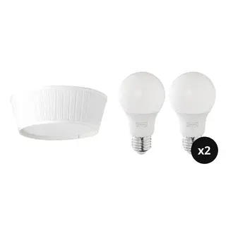 SOLHETTA/ÅRSTID set: ceiling lamp + LED bulb E27 806 lumen x2, white + dimmable/globe opal white, Height 17 cm