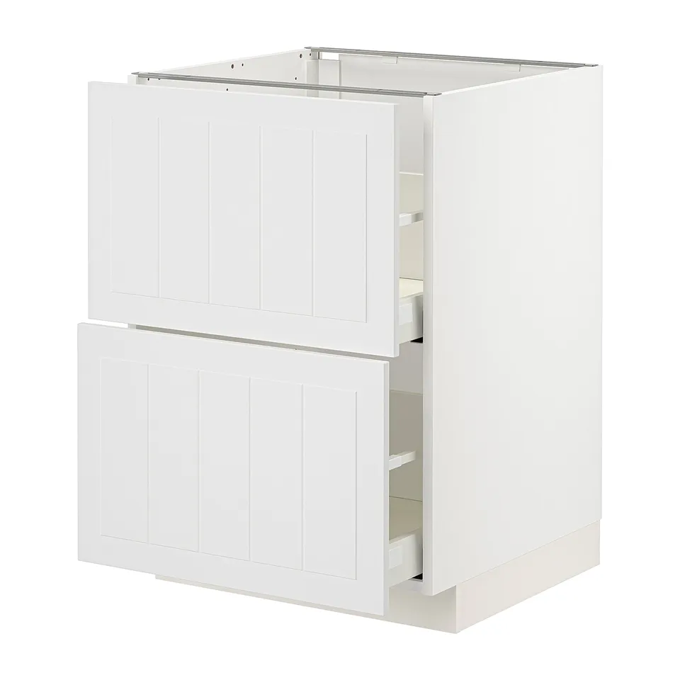 White METOD kitchen cabinet with stensund fronts, featuring two drawers and a door. Crafted look design with soft-close drawers.