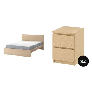 MALM set: bed frame with mattress + chest of 2 drawers x2, white stained oak veneer/Valevåg extra firm + white stained oak veneer, 150x200 cm