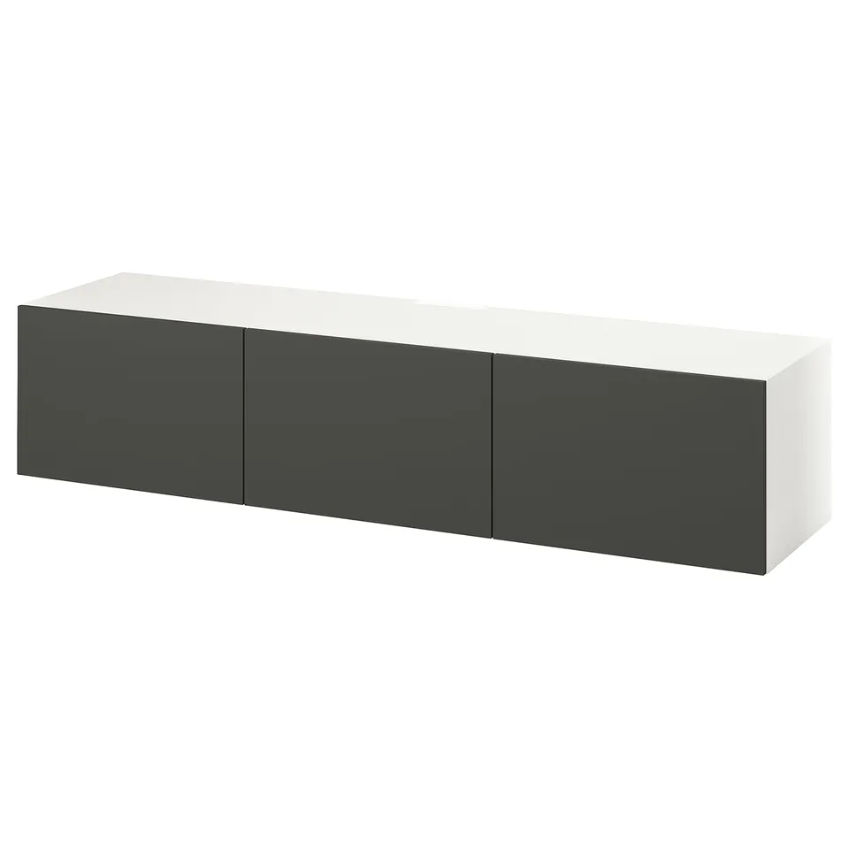 White and gray ikea BESTÅ tv bench with storage and shelves.