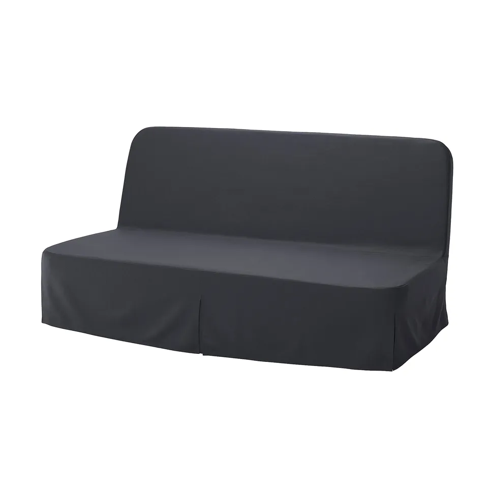 Dark grey NYHAMN sofa-bed with sleek, modern design. Covered in recycled polyester, it a seamless, adjustable backrest.