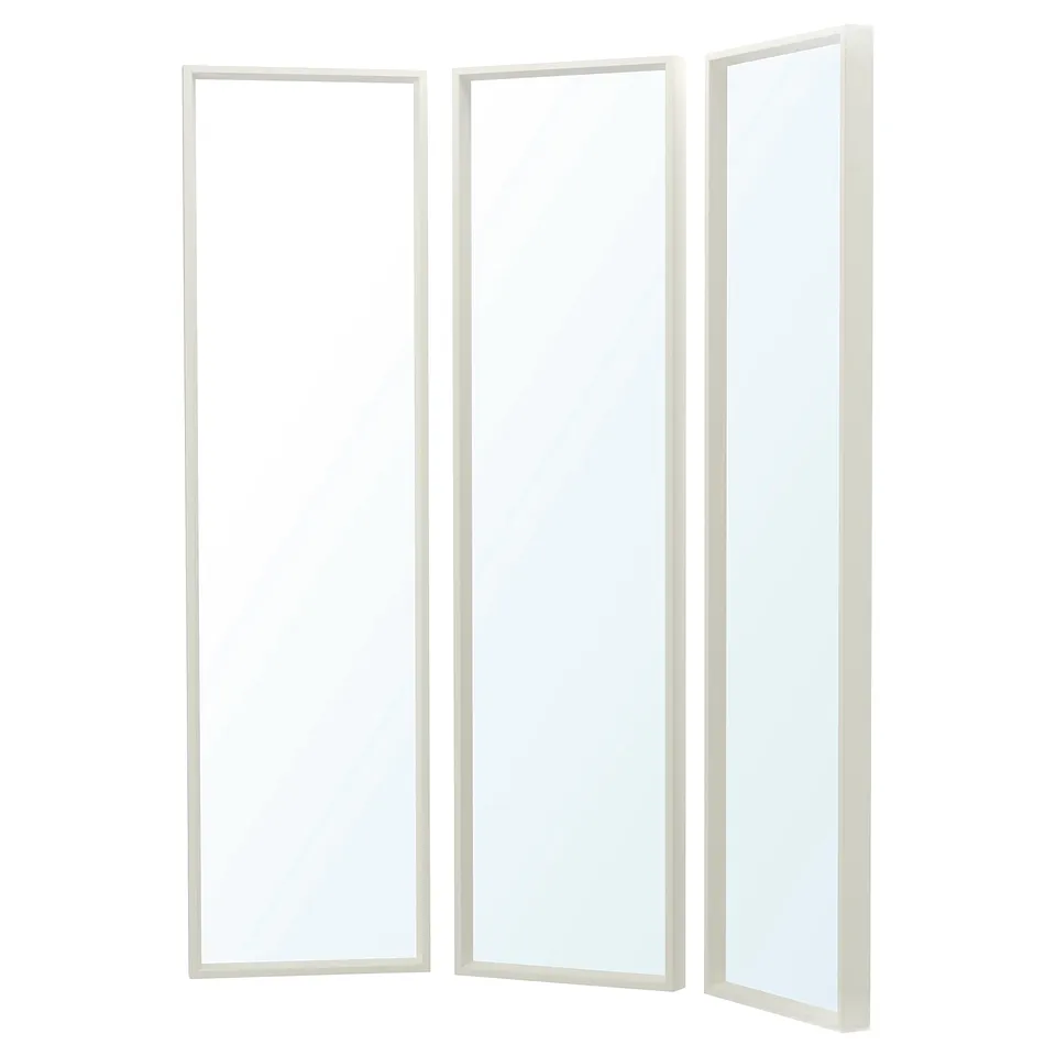 NISSEDAL tri-fold mirror, white, glass & fibreboard, rectangular panels.