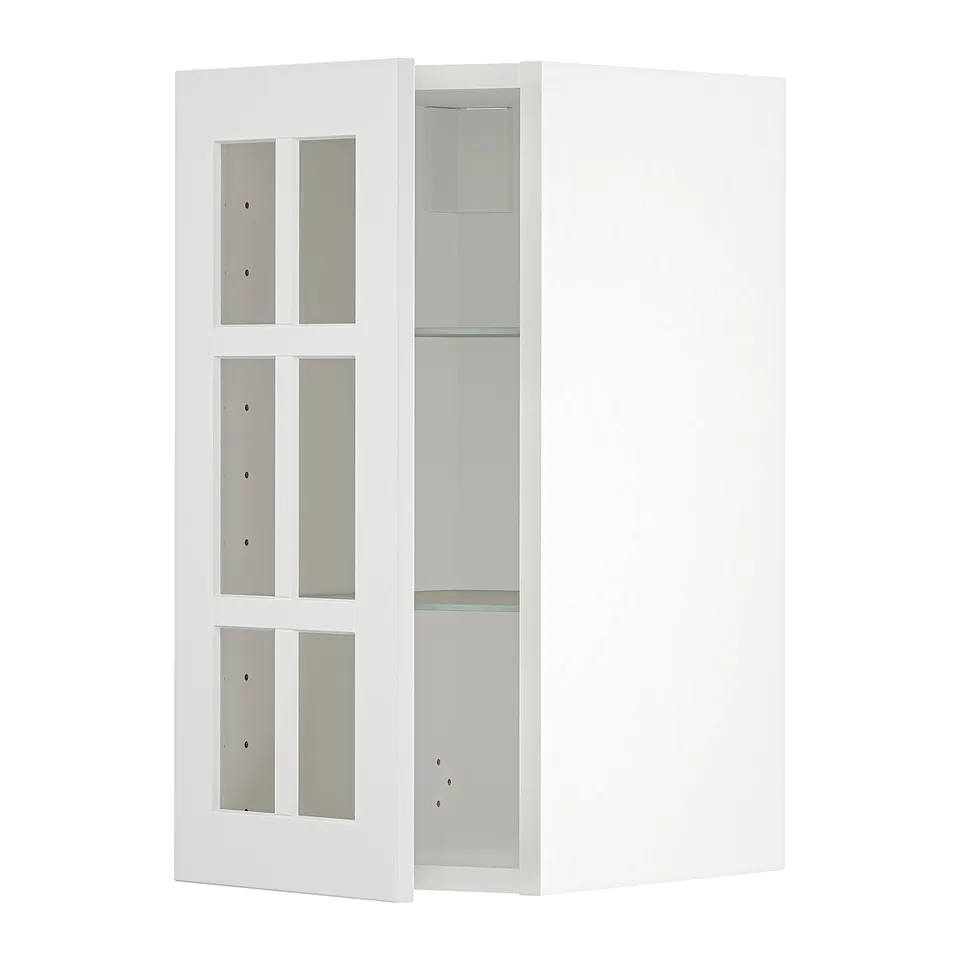 White METOD kitchen cabinet with glass doors and shelves.