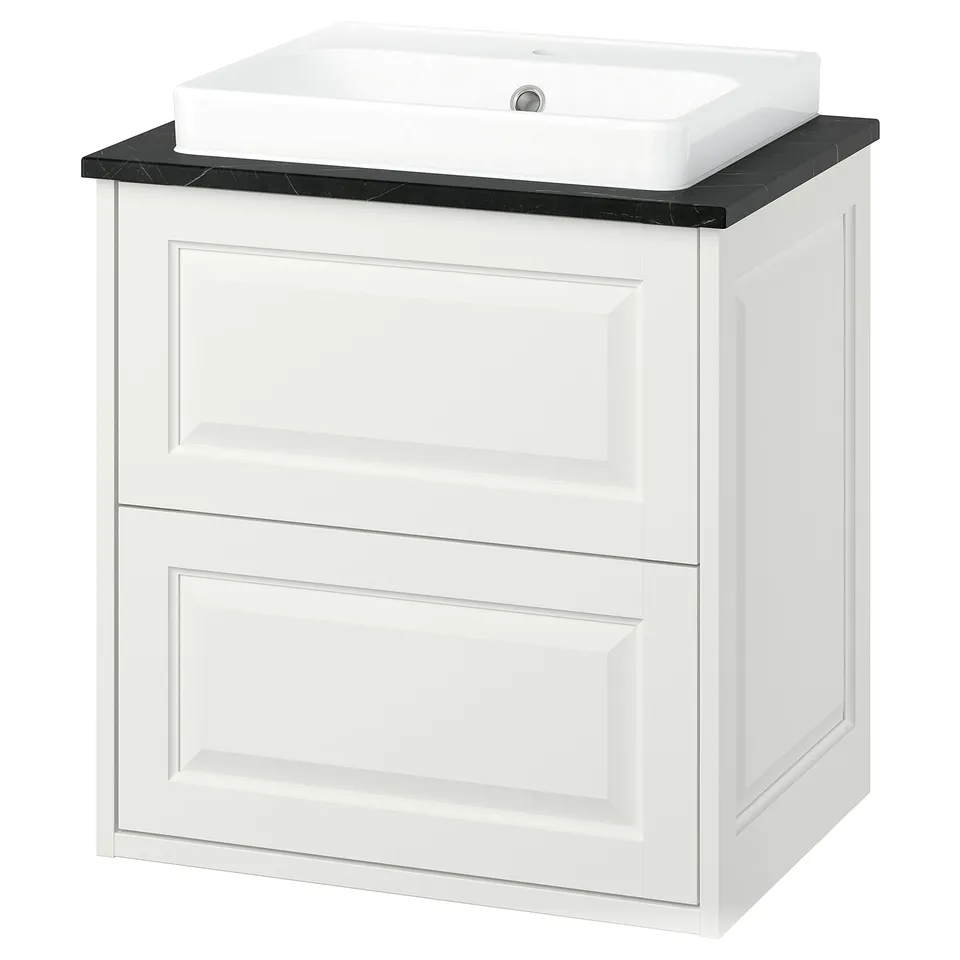 TÄNNFORSEN white bathroom vanity, classic design, marble countertop, rectangle ceramic sink.