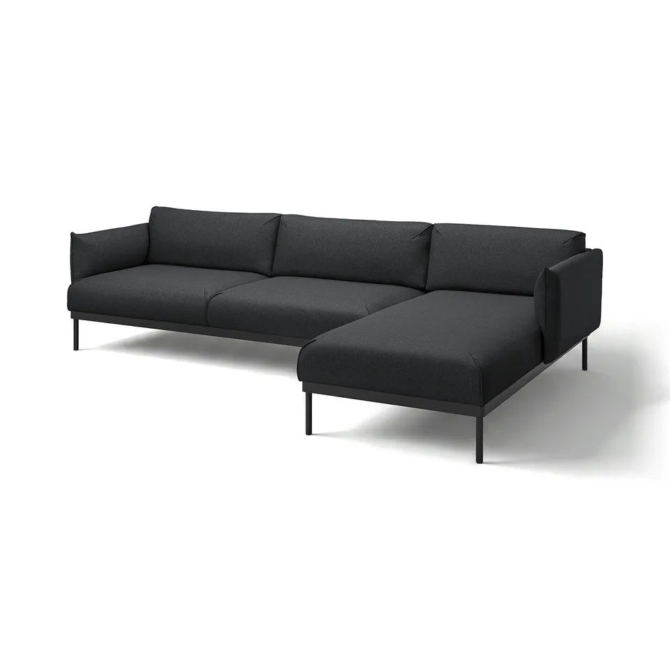 Dark grey modern l-shaped sofa with clean lines and metal legs.