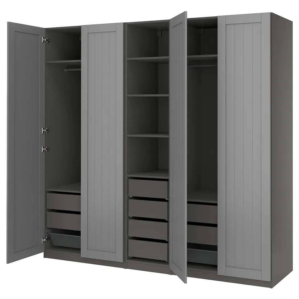 PAX wardrobe, grey, rectangular, with open doors revealing shelves and drawers.