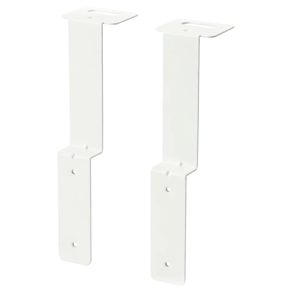 Image shows two white SKÅDIS wardrobe connectors, metal made, vertical & horizontal bars.