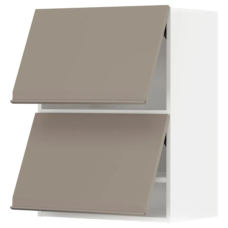 Two beige METOD kitchen cabinets with minimalist design and integrated handles.