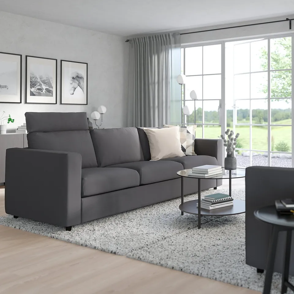 Modern grey VIMLE sofa, sleek & spacious, fits well in large rooms, with plush cushions & contemporary design.