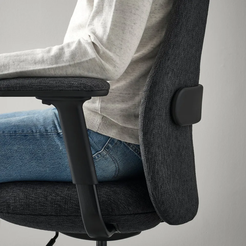 Office chair with adjustable armrests and a curve tilt mechanism.
