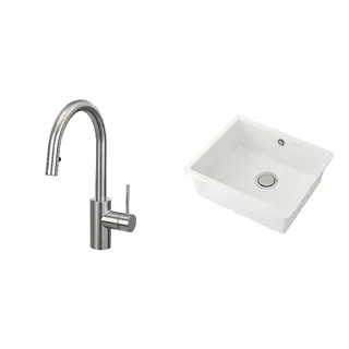 KILSVIKEN/SALLSJÖN set: inset sink, 1 bowl + kitchen mixer tap pull out, stainless steel colour + white/quartz composite, Height 370 mm