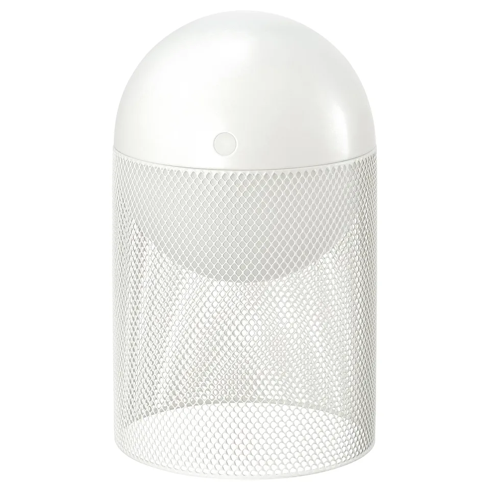 SOLVINDEN white air purifier, dome-topped with cylindrical mesh design, made from plastic and steel.