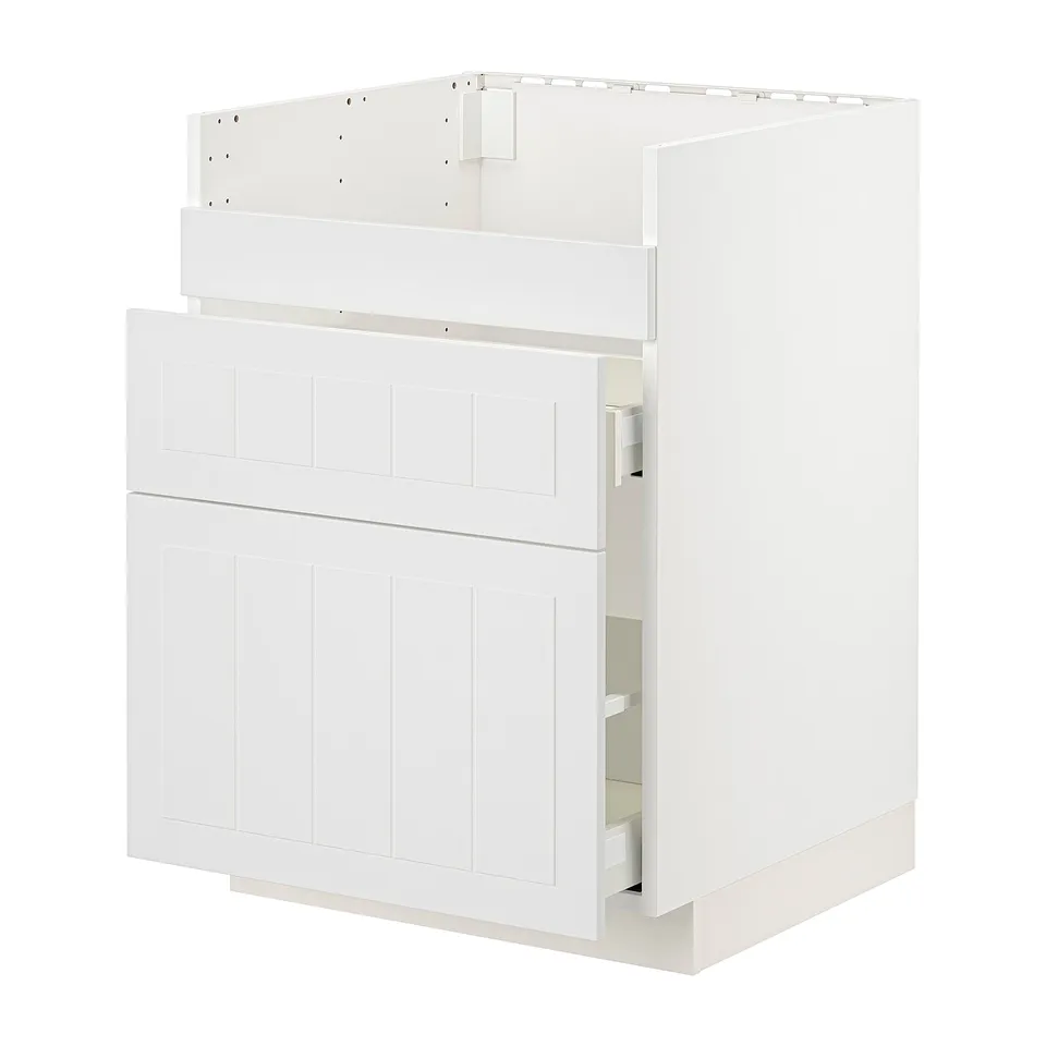 A white ikea METOD kitchen cabinet with a panel design and built-in drawers.