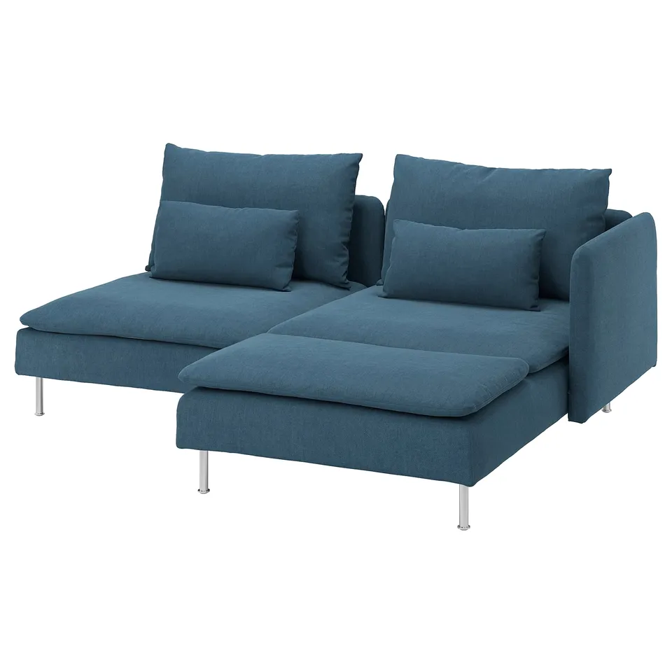 SÖDERHAMN blue sofa, l-shaped, fabric-covered with metal legs.