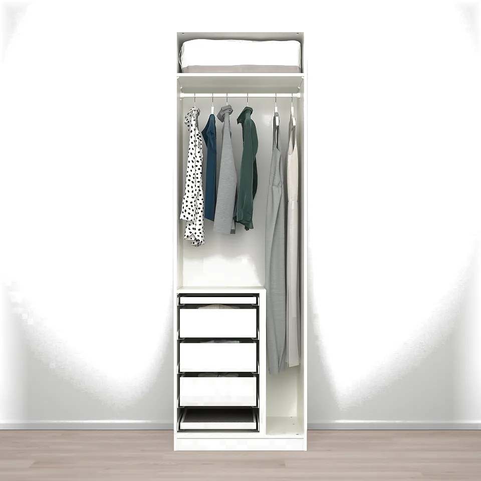 A narrow wardrobe hangs clothes with a shelf above, showcasing efficient storage in a compact design.