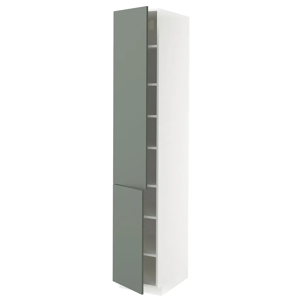 A white and green METOD kitchen cabinet with open doors revealing storage shelves.