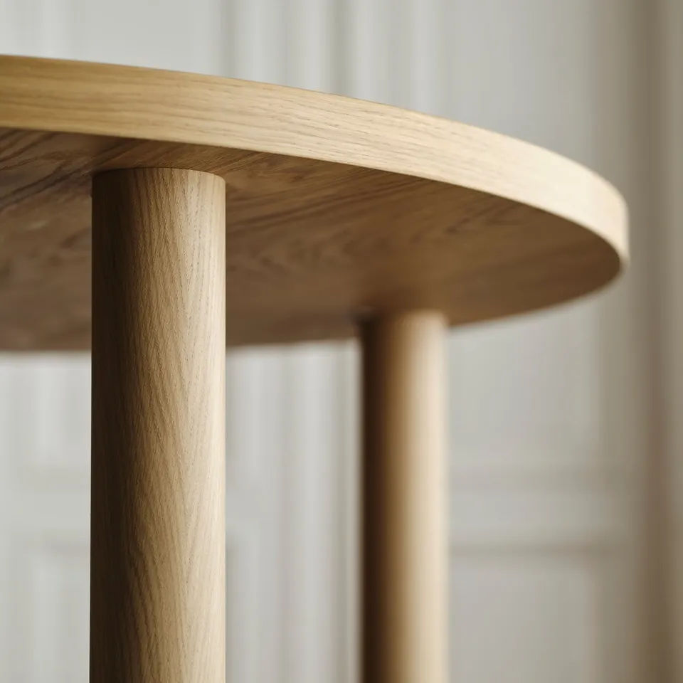 Close-up of a wooden table with smooth, rounded edges and supportive legs, showcasing its high-quality design and natural oak finish.