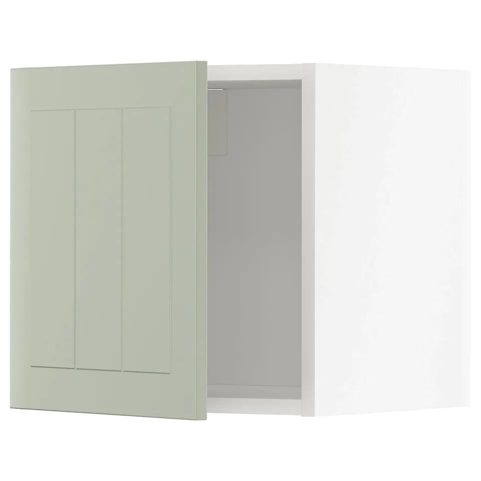 Displays a METOD kitchen cabinet with a stensund green door, featuring a rectangular design with a 3d panel look and modern clean lines.