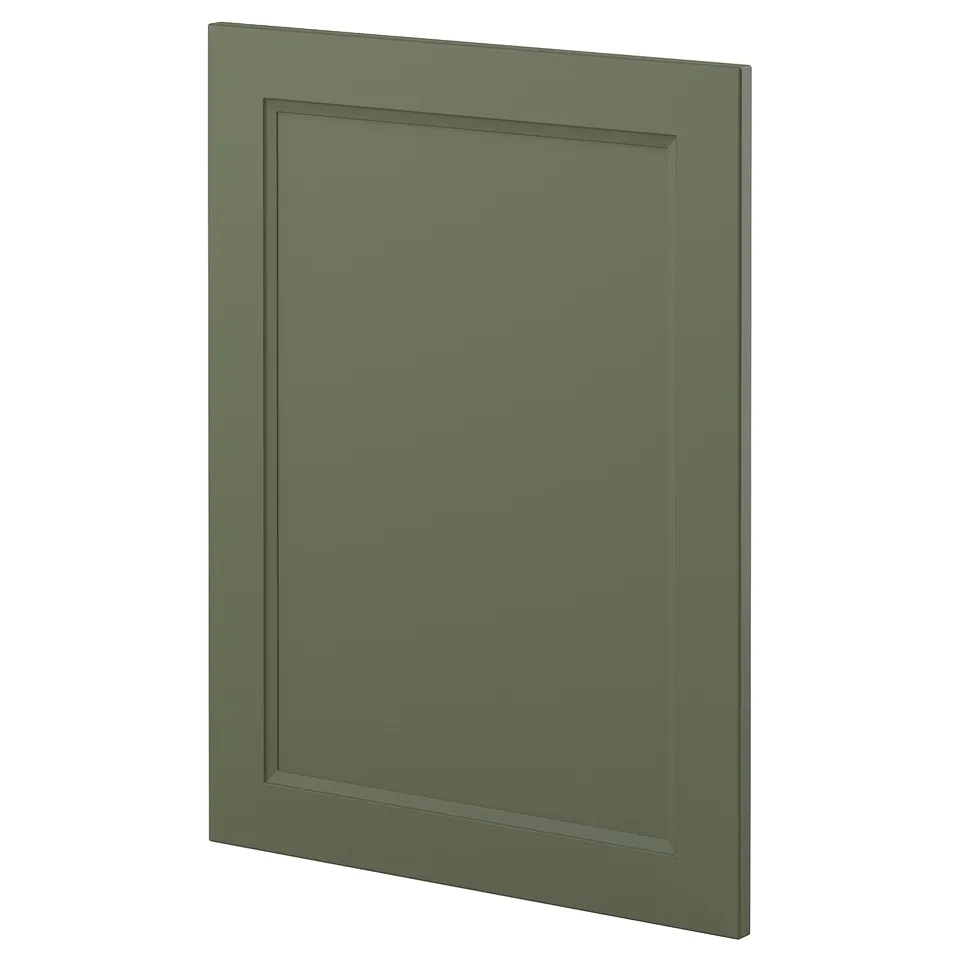 Green METOD kitchen cabinet door, rectangular, flat panel, recycled plastic front, dark green.
