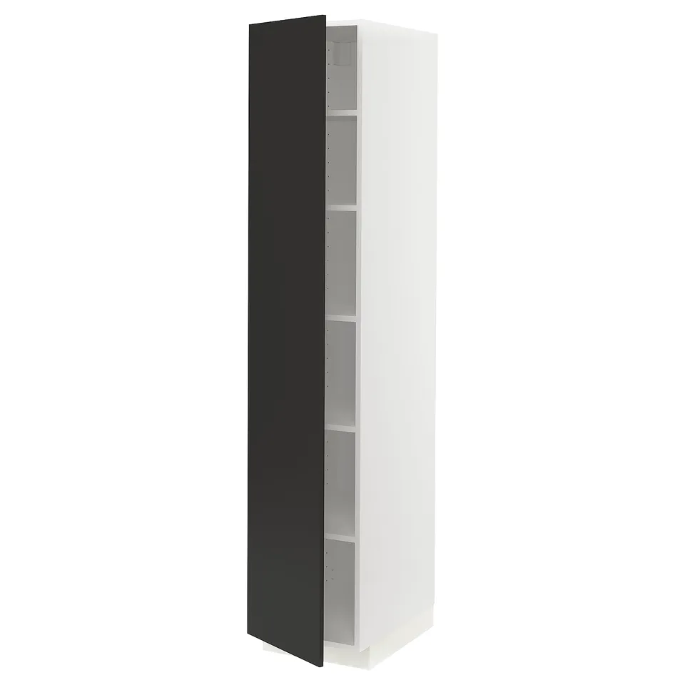 White ikea METOD kitchen cabinet with black door, square shape, adjustable shelves.