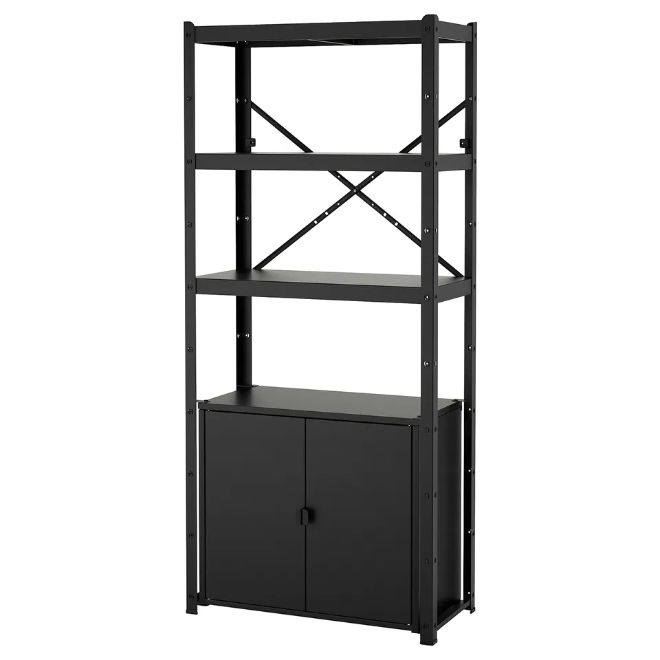 A black BROR storage rack with metal framework and adjustable shelves, designed for heavy-duty use.