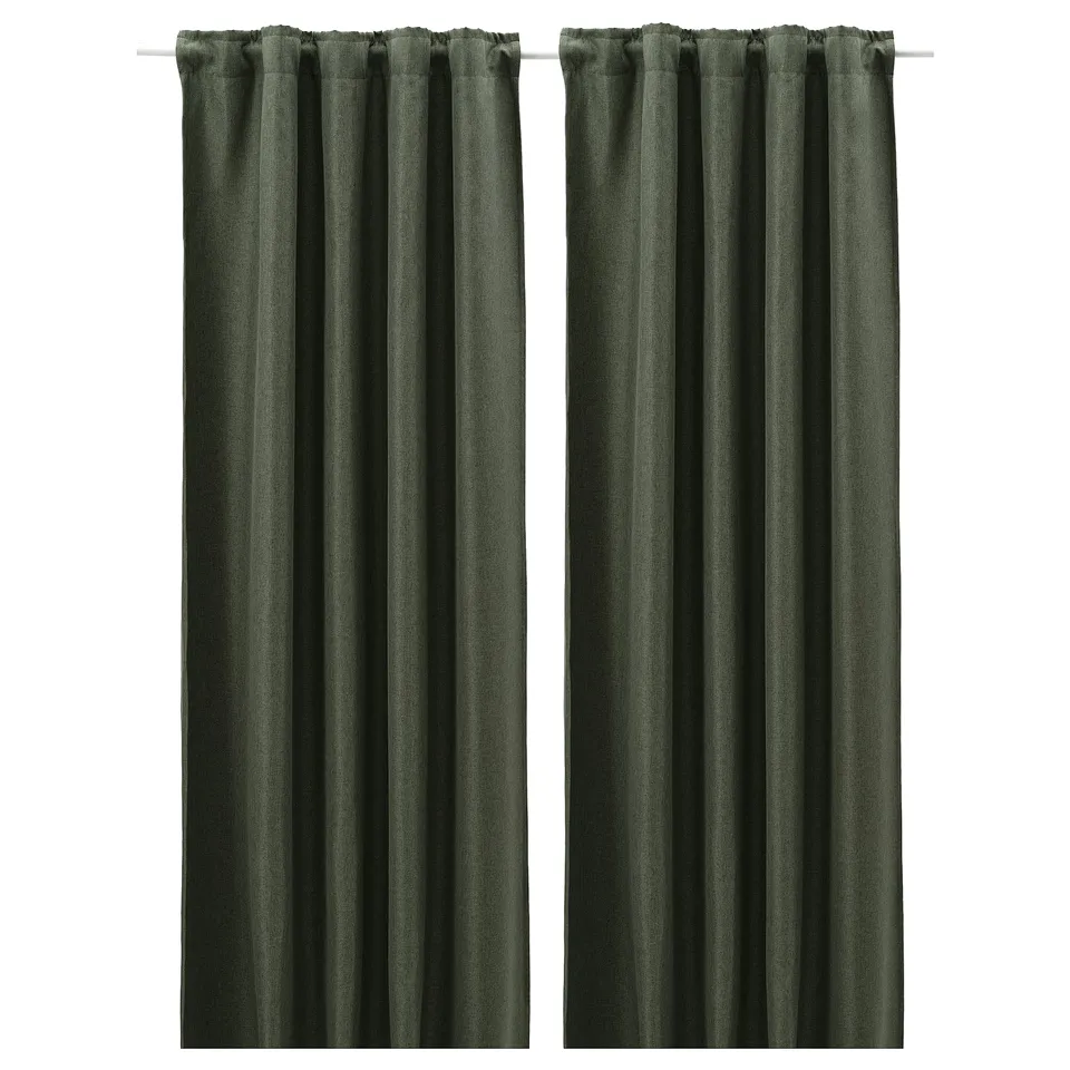 Pair of long dark green room-darkening curtains with a sleek, modern design.