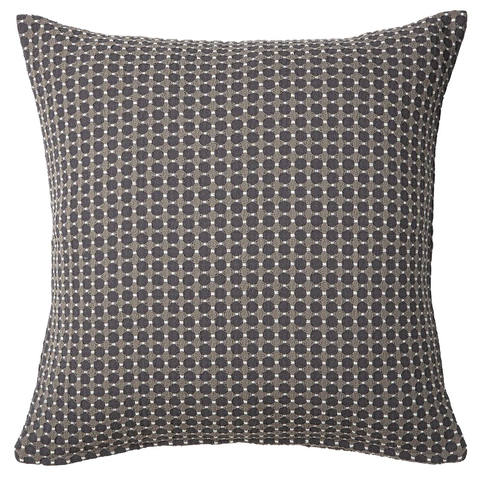 Square throw pillow, grey with subtle patterns, dobby-woven cotton, recycled material.