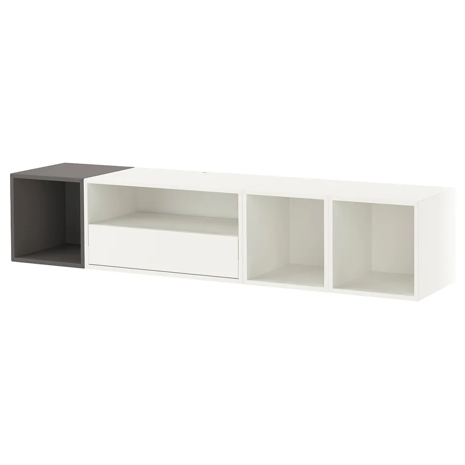 EKET wall unit, white and grey, modular shelves, minimalist design, for organising media or decor.