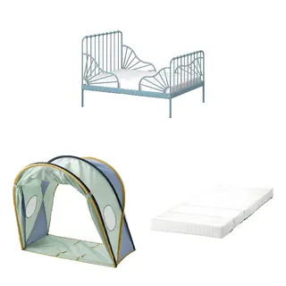 ELDFLUGA/MINNEN/ÖMSINT set: ext bed frame with slatted bed base + bed tent + pocket spring mattress for ext bed, grey-blue + blue/green, 80x200 cm