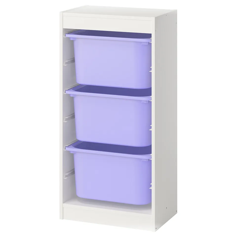 TROFAST unit, white with purple bins, three tiered, rectangular, modern, modular kids storage.