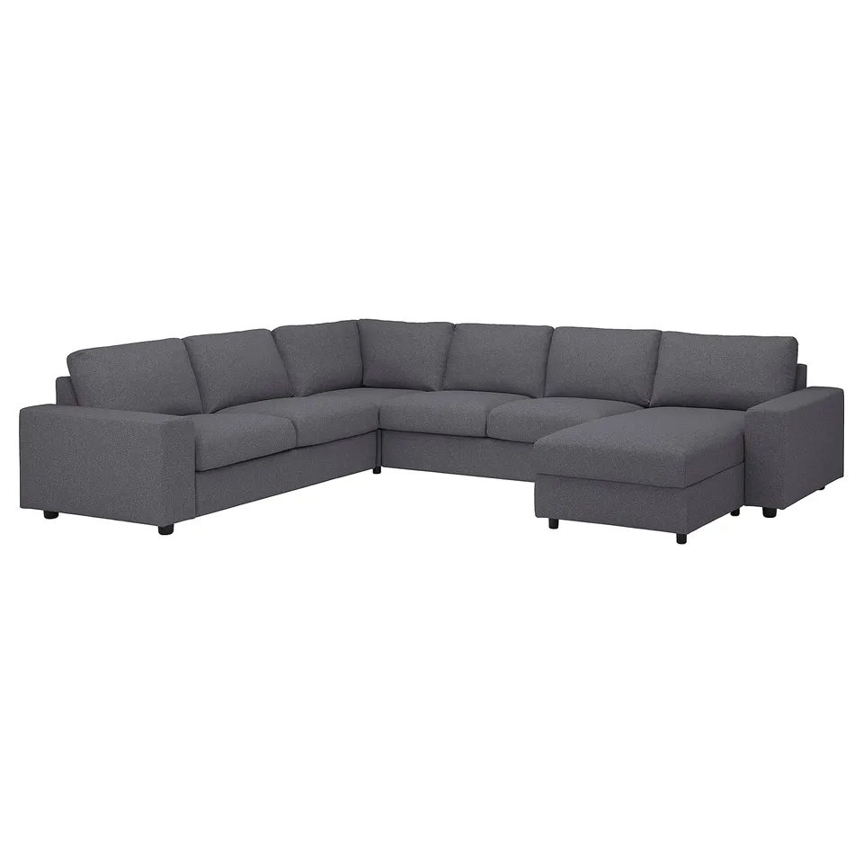 A grey VIMLE sectional sofa with a chaise longue, modern design, and dark wood legs.