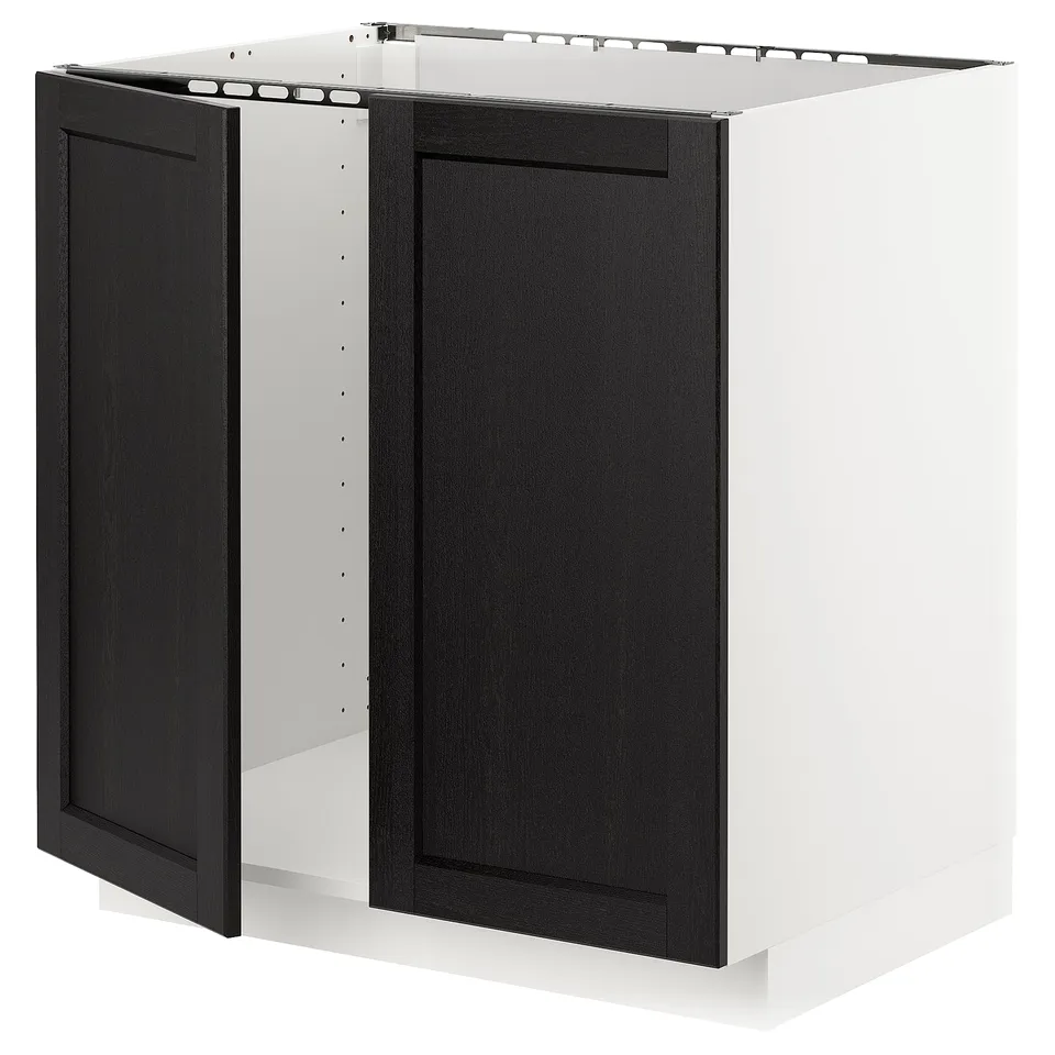 METOD kitchen unit, black stained wood, rectangular base cabinet with open side panel.
