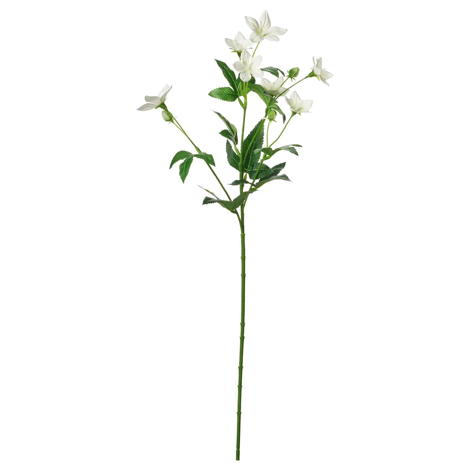 A white artificial flower, SMYCKA, with green leaves and a flexible stem, made from recycled materials.