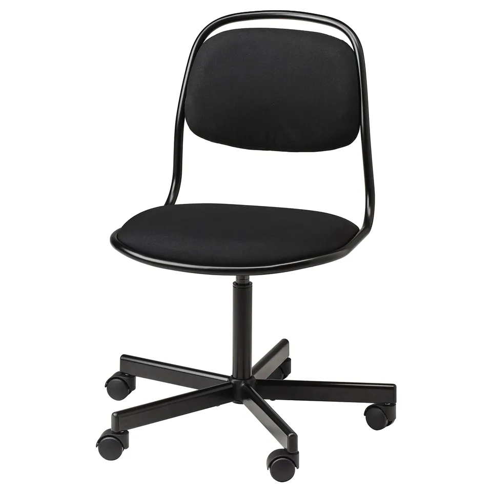 A black office chair named ÖRFJÄLL with a padded seat and back, adjustable height, and swivel wheels.