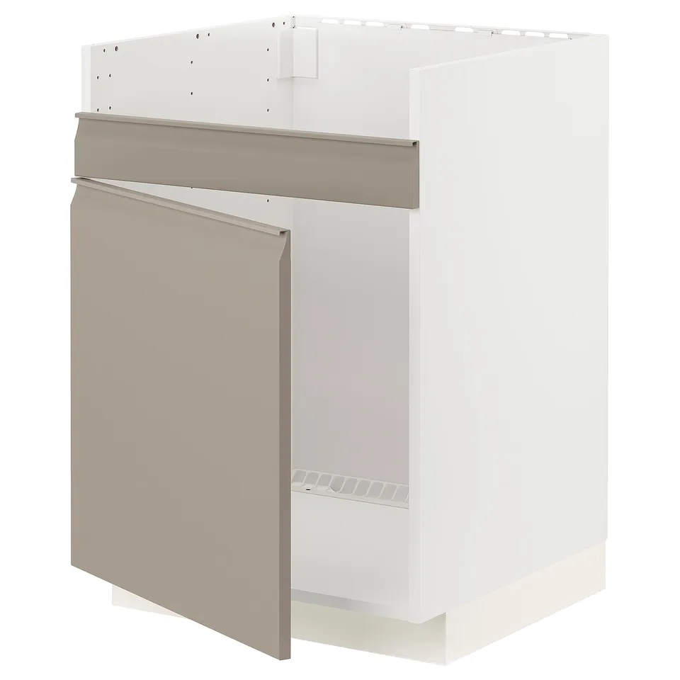 Modern kitchen cabinet, METOD series, white with beige door, integrated handle, rectangular shape.