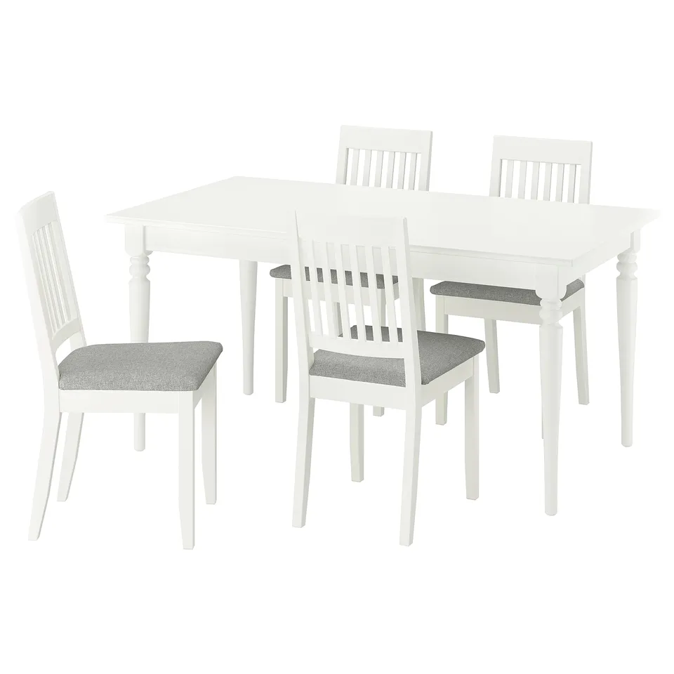 ROSENTORP dining set: extendable table, 4 grey-cushioned chairs, melamine top, wood legs, vertical slats.