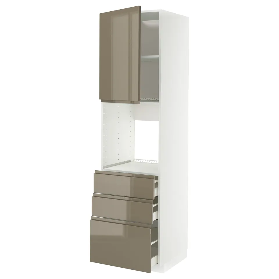 Modern kitchen unit: METOD, high gloss dark grey-brown, metal & wood, tall & sleek.