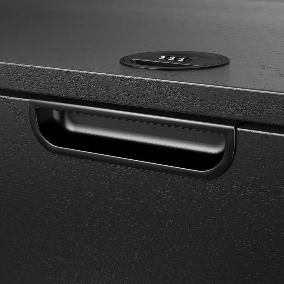 Black office drawer with sleek handle and combination lock, reflecting high-quality design and durability.