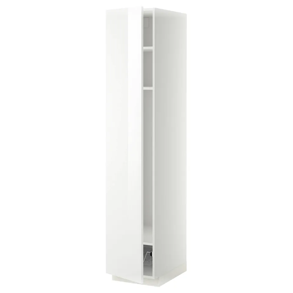 This image a white METOD tall kitchen cabinet with a modern high gloss design and adjustable shelves.