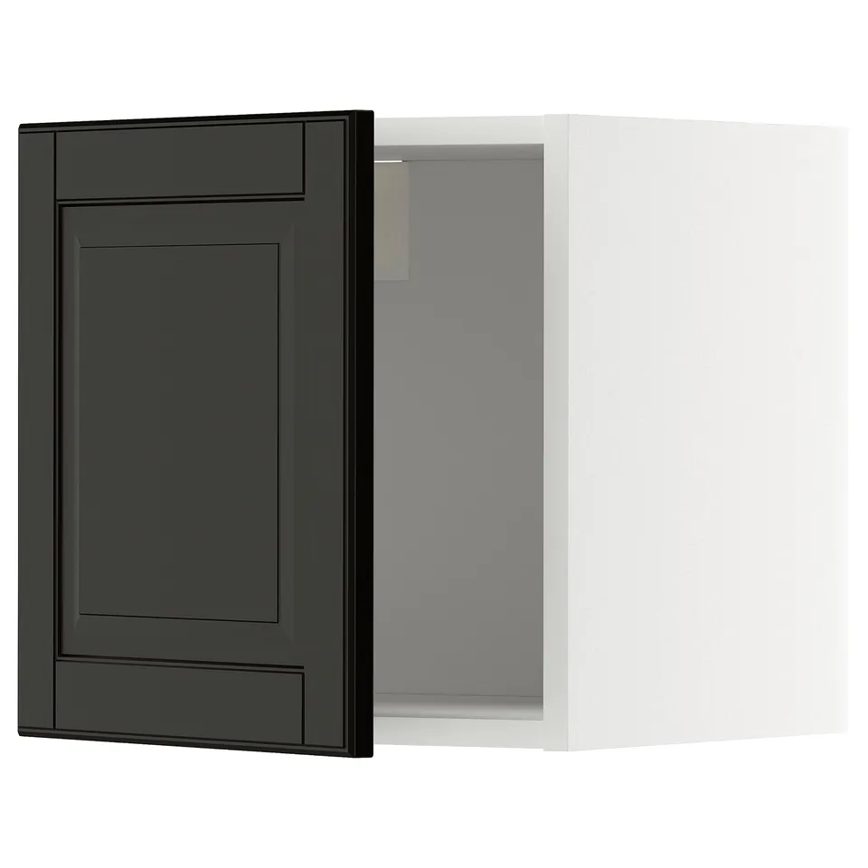 Black bevelled drawer, white cabinet, square design.