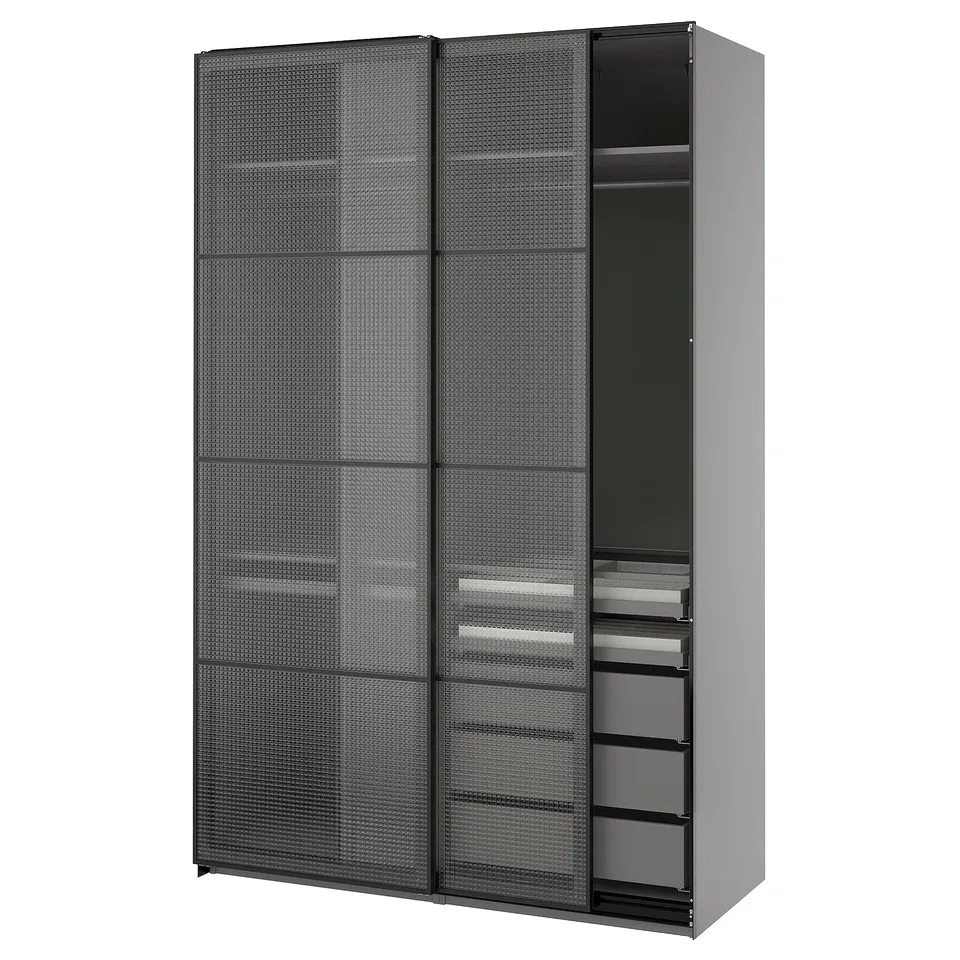 PAX / LUNDBRÄSMA Wardrobe with sliding doors, dark grey black/checkered glass, 150x66x236 cm