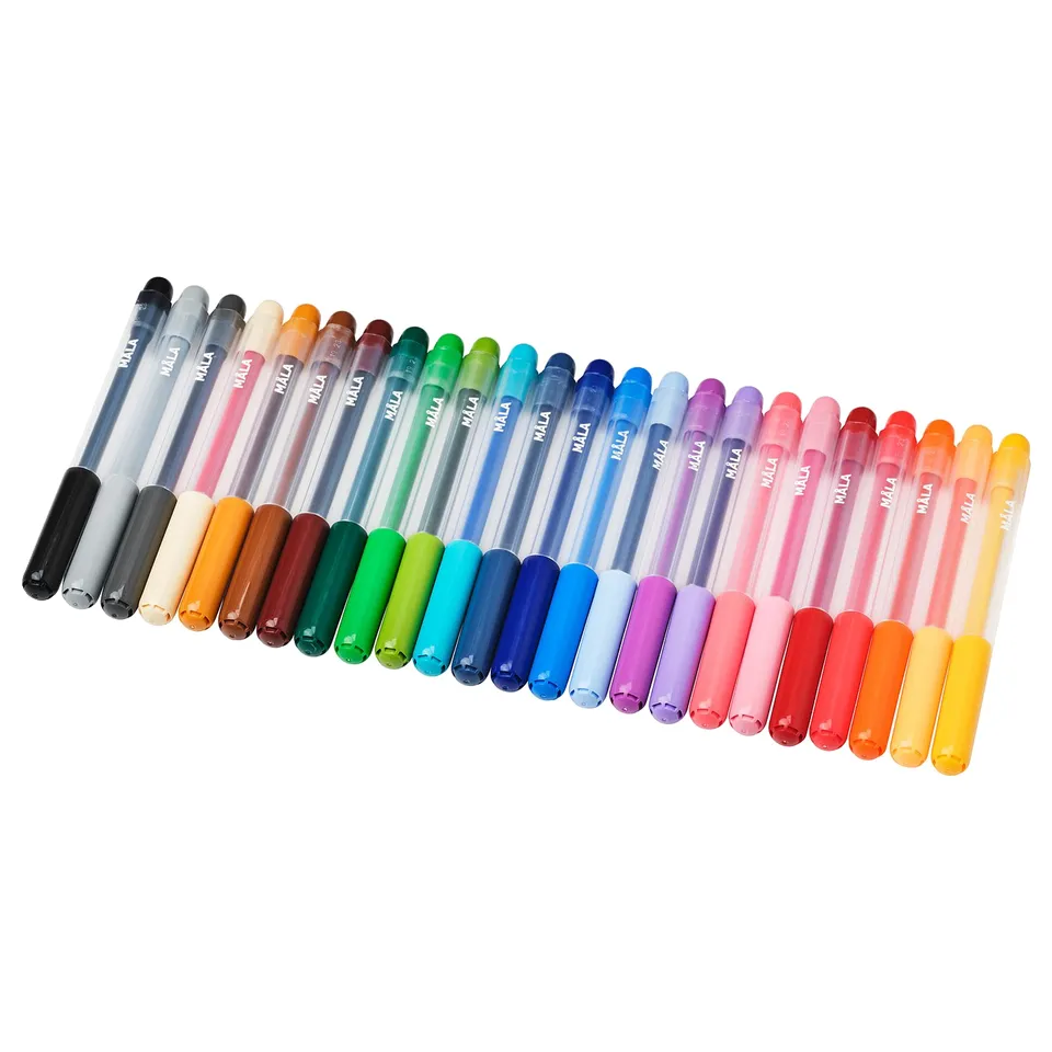 MÅLA felt-tip pens in colours, plastic and acrylic bodies, round tips and caps.