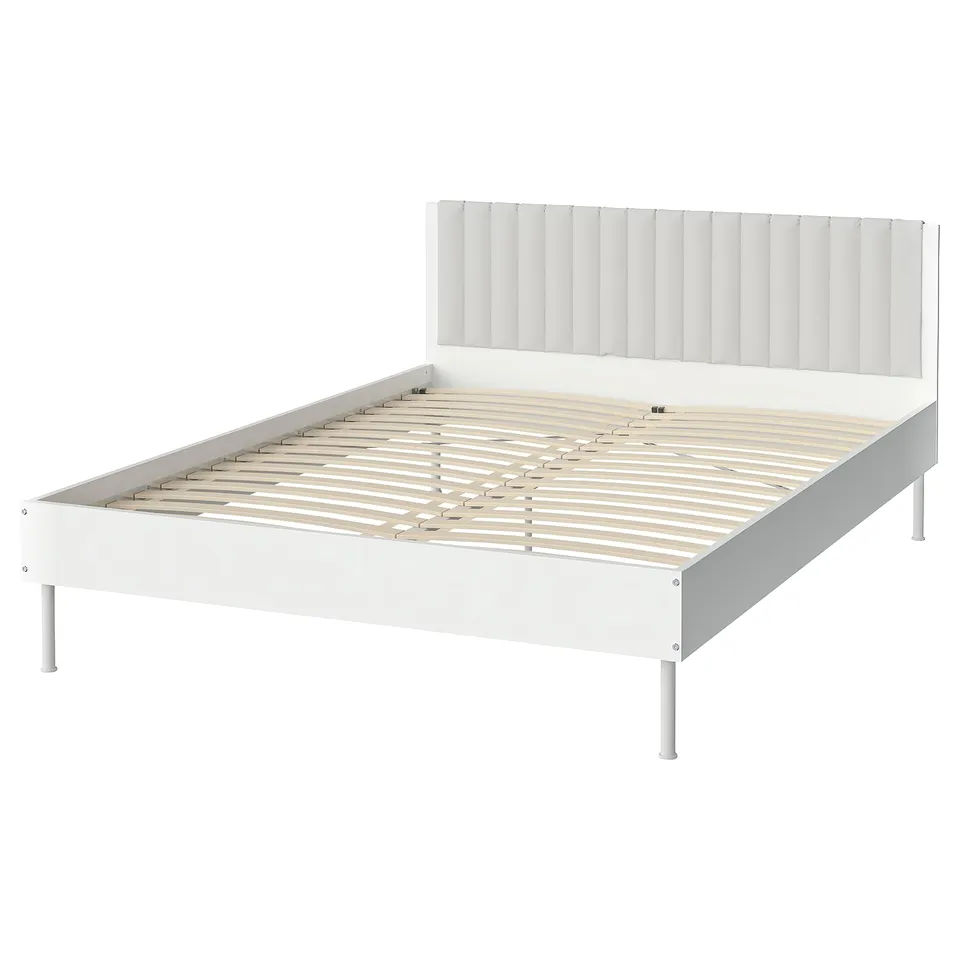 BRUKSVARA bed, white, wooden slats, minimalist design, padded headboard.