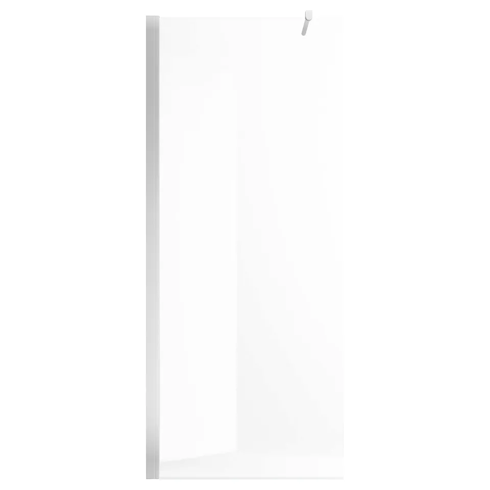 The OPPEJEN clear glass shower screen with aluminium frame in silver, featuring a brace bar for wall or ceiling mounting.