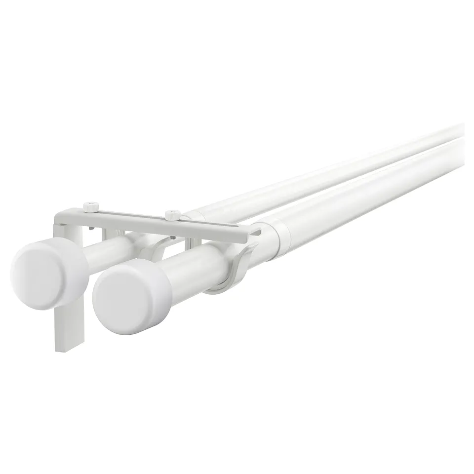 White HUGAD double curtain rod set with brackets and finials.