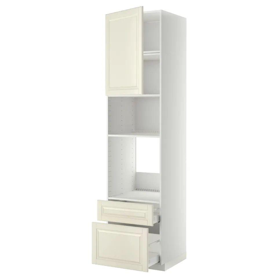 Off-white METOD cabinet with bevelled edge, door, drawers, full-extension mechanism, and adjustable shelves.