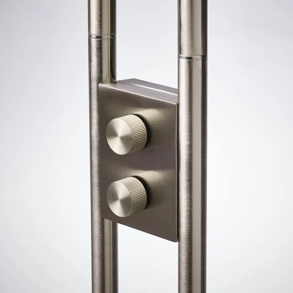 Simple, modern metal lamp base with two adjustable knobs. Refined, brushed finish, robust construction.