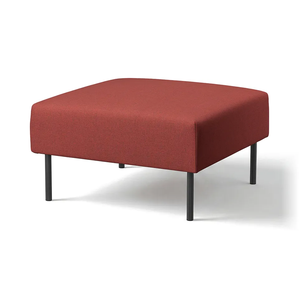 A red, square ottoman from the IKEA LILLEHEM series. It has a plush, upholstered seat with black metal legs, offering a comfortable and modern look.