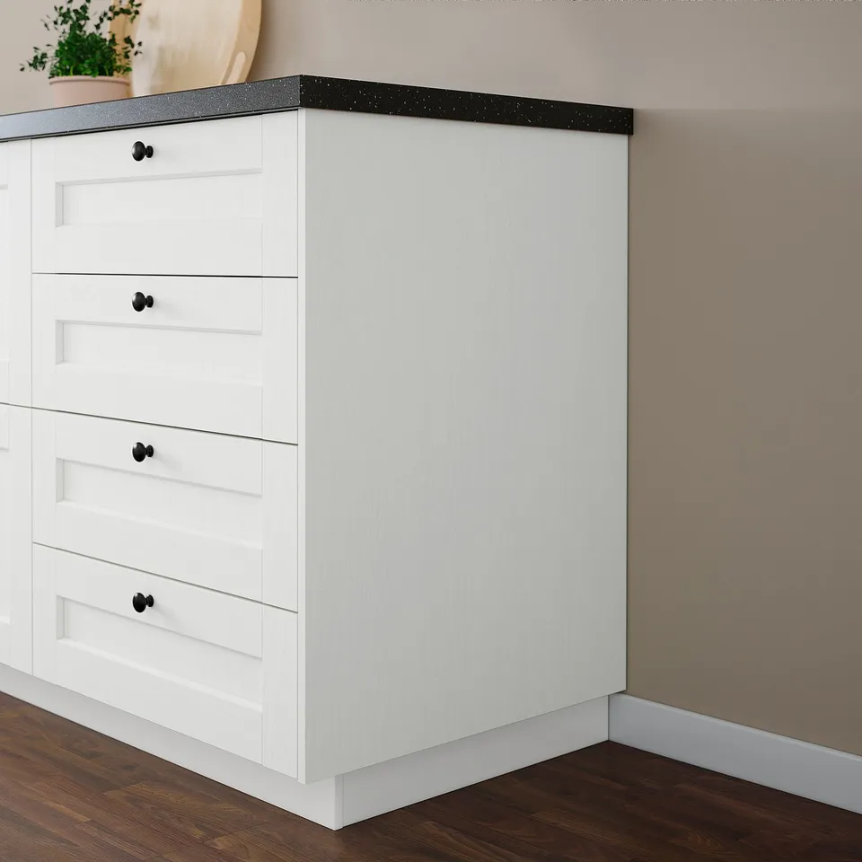ENKÖPING white drawer unit, modern & durable, wooden-grain foil with black handles. Tall & corner-filled.